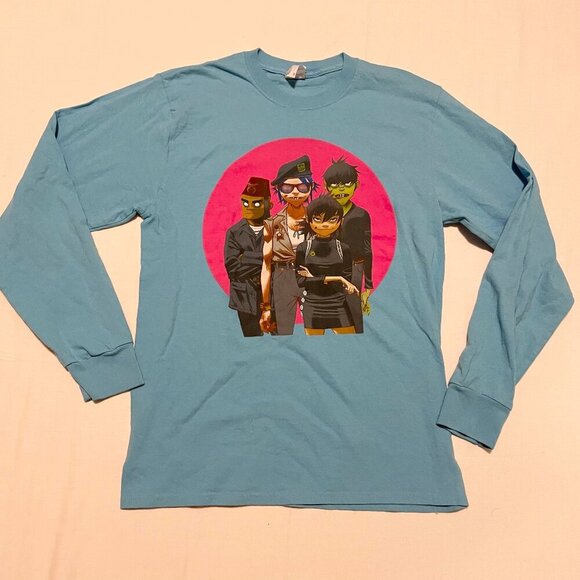 Vintage Gorillaz Long Sleeve T Shirt Double Sided Graphic Size Medium Y2K Blue - Picture 1 of 16